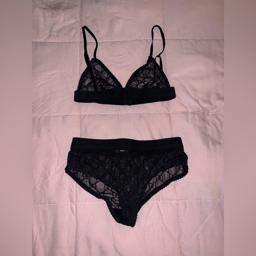 Gucci Black Lingerie Set Bra Panties GG Logo Size M Brand New WT